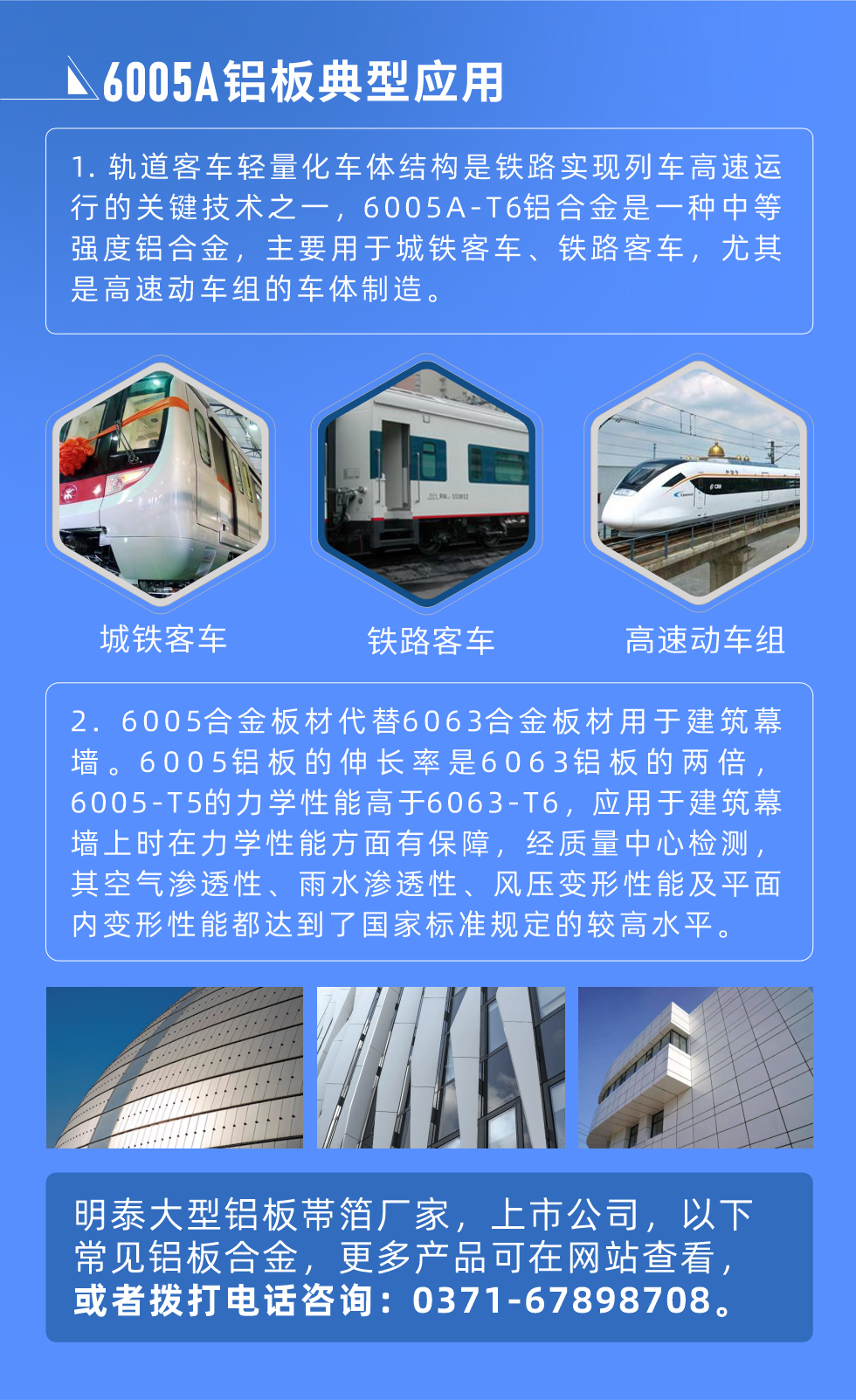 6005A铝板典型应用
　　1. 轨道客车轻量化车体结构是铁路实现列车高速运行的关键技术之一，6005A-T6铝合金是一种中等强度铝合金，主要用于城铁客车、铁路客车，尤其是高速动车组的车体制造。
　　2. 6005合金板材代替6063合金板材用于建筑幕墙。6005铝板的伸长率是6063铝板的两倍，6005-T5的力学性能高于6063-T6，应用于建筑幕墙上时在力学性能方面有保障，经质量中心检测，其空气渗透性、雨水渗透性、风压变形性能及平面内变形性能都达到了国家标准规定的较高水平。